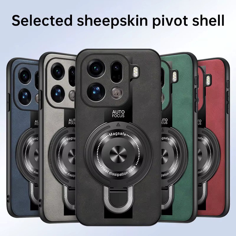 Schaffell Lederhülle mit magnetischem Ring-Ständer und kabellosem Laden für OPPO Find X9 und OPPO Find X9 Pro, Farbe: Grün - Bild 3