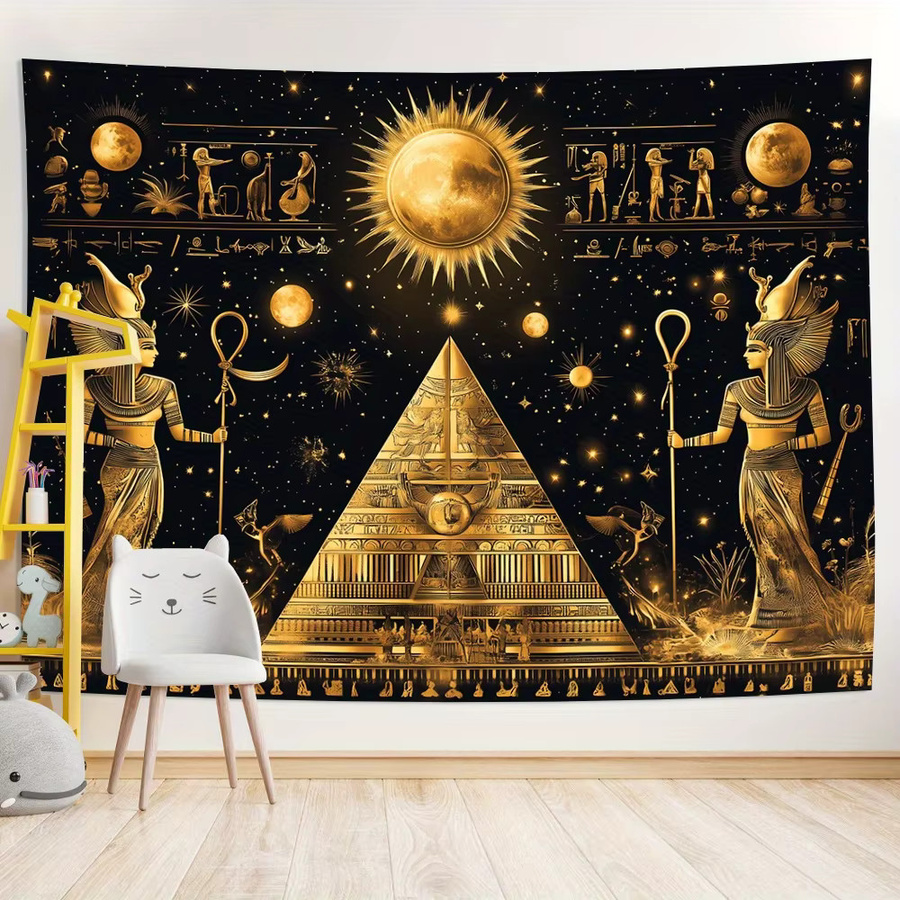 VIKAMA Vintage Wandteppich mit ägyptischer Pyramide und Kalligraphiekunst in Gold, Retro-Wüsten-Sonnenuntergang Wandbehang - Bild 2