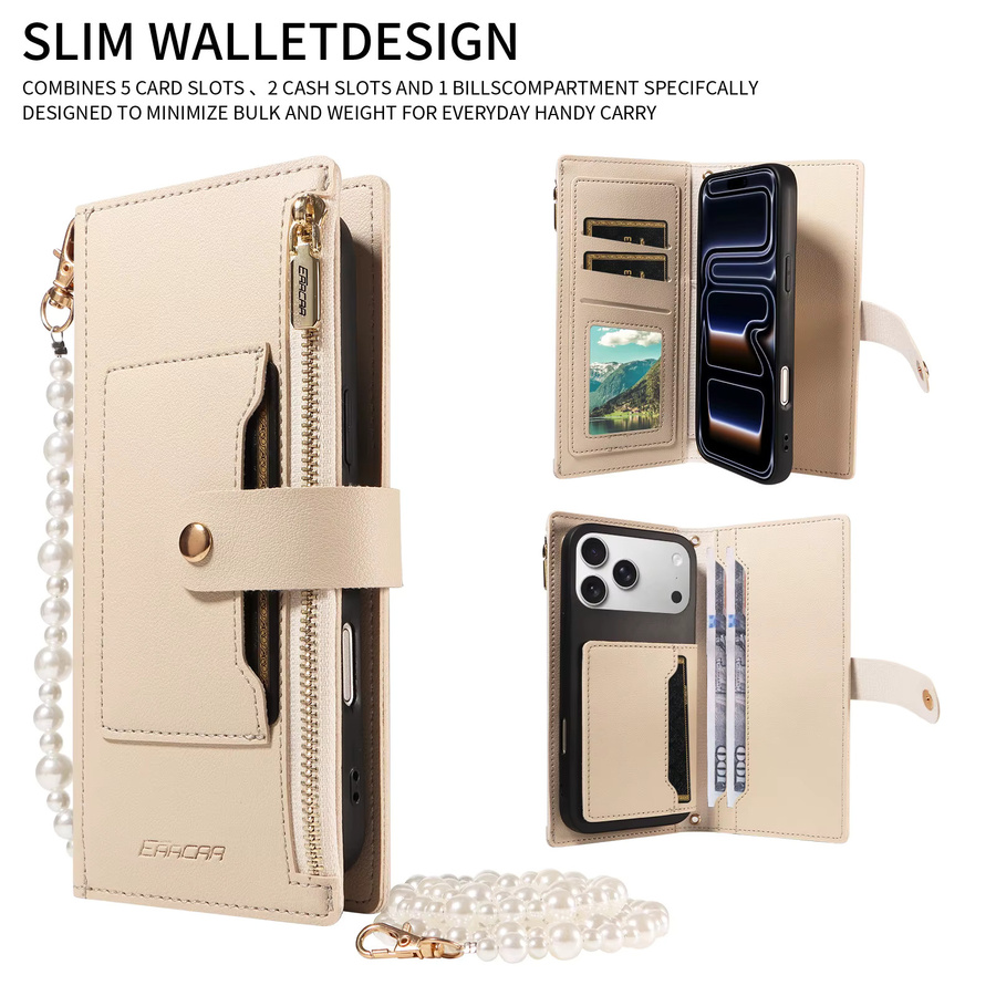 EAACAA Leder-Handyhülle mit Magnetverschluss, Kartenfächern und Ständer für iPhone 17e, 17 Pro Max, 16, 15, 14, 13, 12, 11 in Blau und Beige - Bild 2