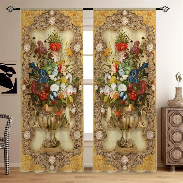 Yiran Furniture Vorhänge mit Pfau und Blumen Design in Gold und Multicolour, semi-transparent, Breite: 65 cm, Höhe: 60 cm - Bild 1