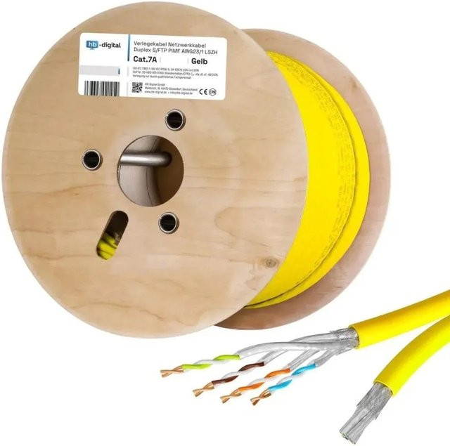 hb-digital CAT 7a Verlegekabel Duplex Installationskabel S/FTP AWG23 LSZH 500m Gelb - Bild 1