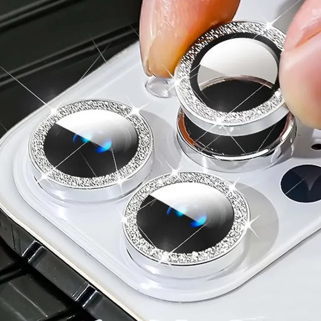 Glitzer Kameraobjektivschutz für Apple iPhone 15 Pro Max 14 13 12 11 Mini in Silber mit 9H gehärtetem Glas und Metallring - Bild 1