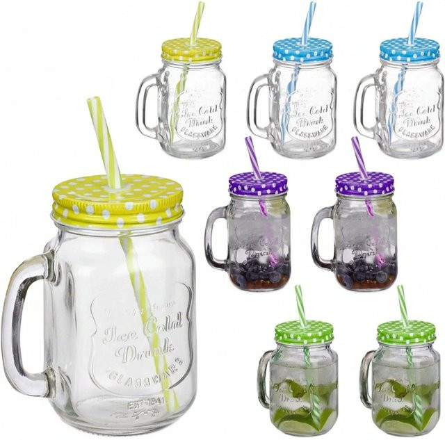 Relaxdays Trinkgläser Set aus Glas in Bunt mit Deckel und Strohhalm, 8er Set - Bild 1