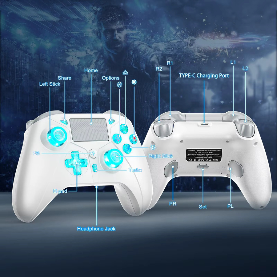 GAMROMBO Wireless Controller in Weiß für PlayStation 4, PS4 Pro, Slim, PS3, PC, iOS und Nintendo Switch mit 6-Achsen-Bewegungssensor, Vibration und 3,5 mm Klinkenanschluss - Bild 6