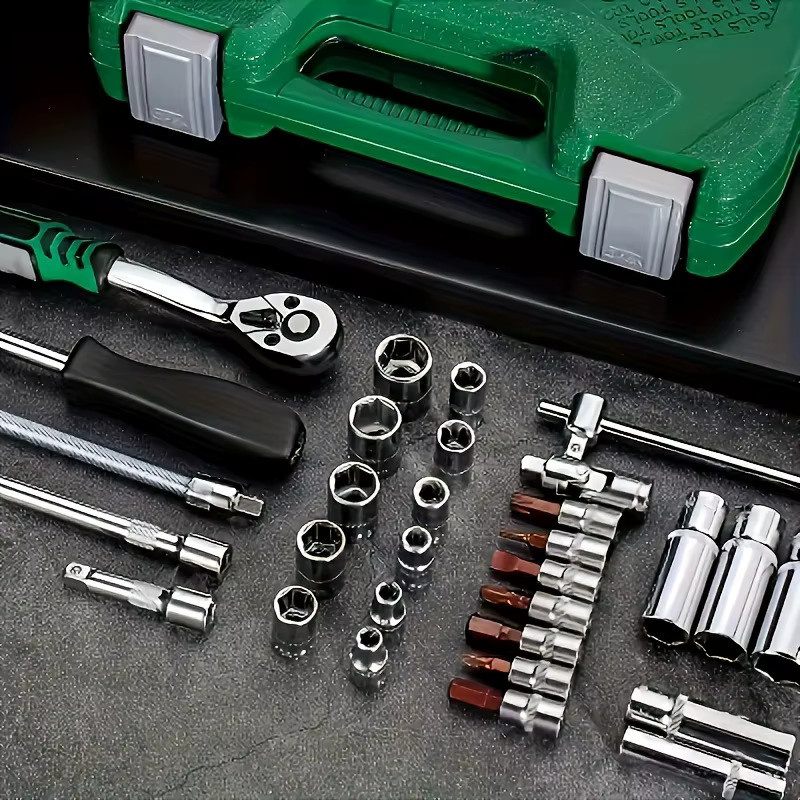 Premium-Autoreparaturset aus Edelstahl mit Ratschenschlüssel und Werkzeugkasten in Grün - Bild 4