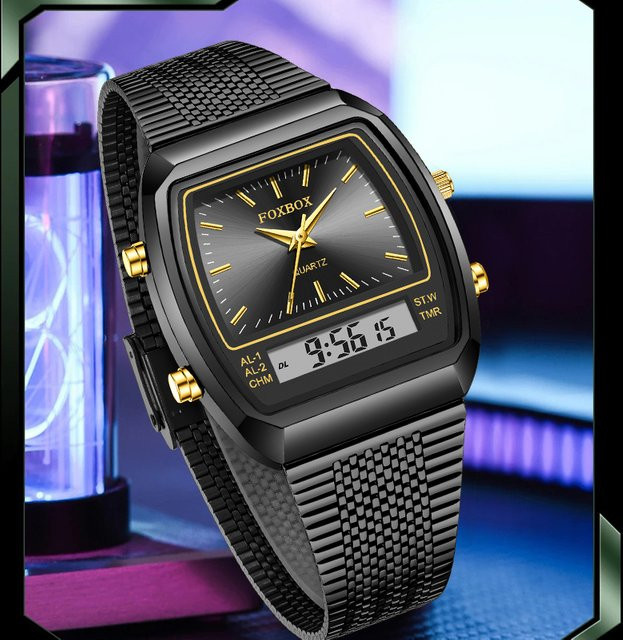 FOXBOX Herrenuhr, Chronograph, Quarz, Edelstahl, Schwarz, Digitalanzeige - Bild 1