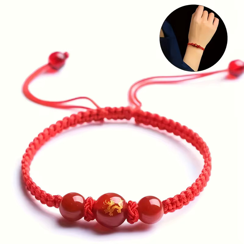 DUTRIEUX Armband, rote Schnur, Achat-Pferde-Charm, Perlen, Unisex - Bild 4