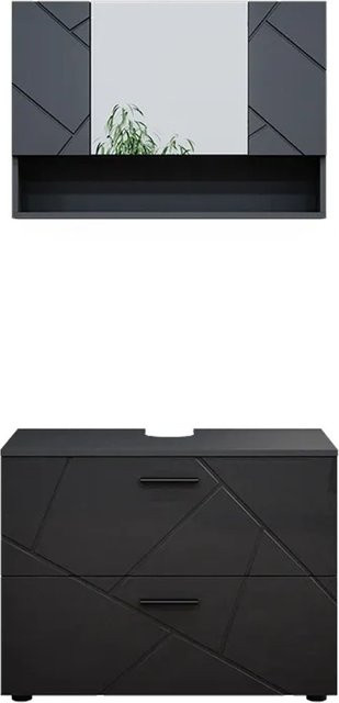 Vicco Badmöbelset Irma in Anthrazit Hochglanz, bestehend aus Spiegelschrank und Waschtischunterschrank, modern mit Breite: 80 cm - Bild 2