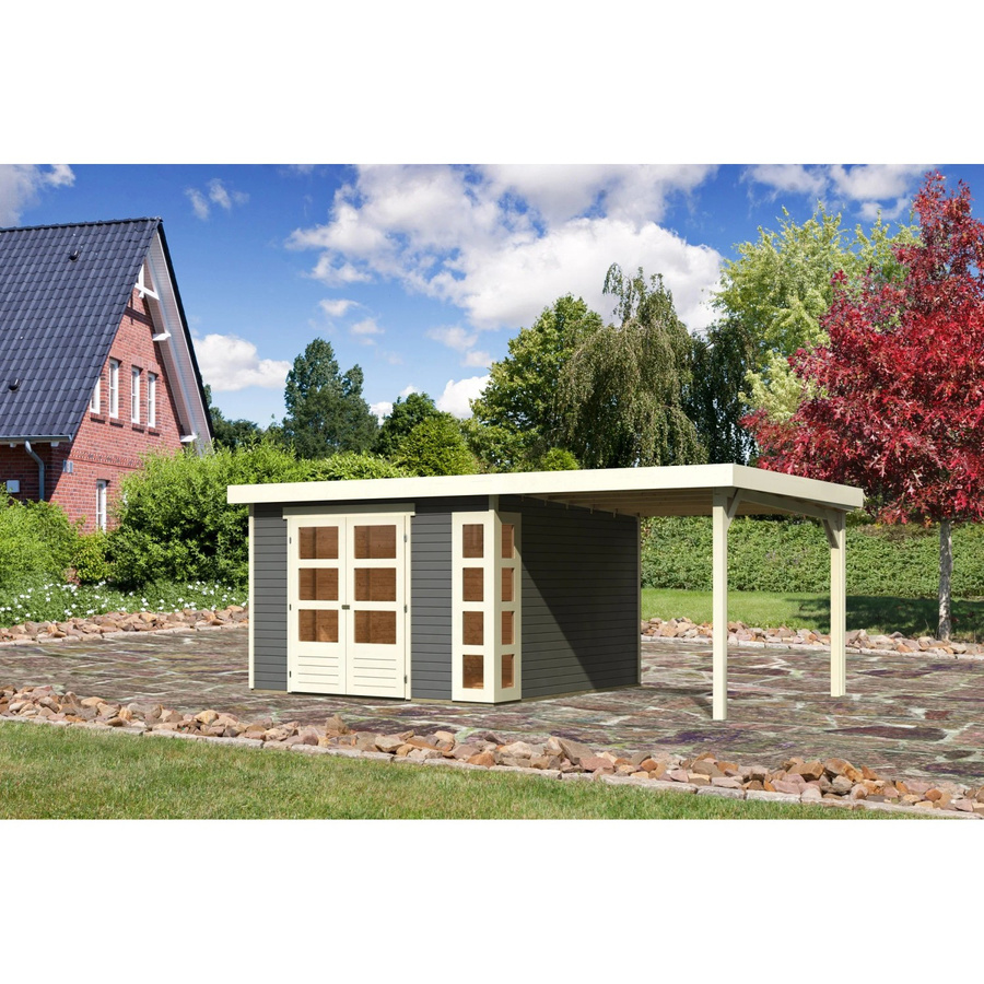 Karibu Gartenhaus Sölve mit Anbaudach und Flachdach in Terragrau, B/T: 302 x 306 cm - Bild 2