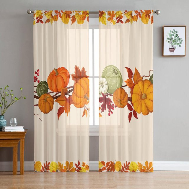Transparente Tüllvorhänge von Super Six mit Ahornblatt-Design in Gelb, B: 135 cm, H: 114 cm - Bild 1