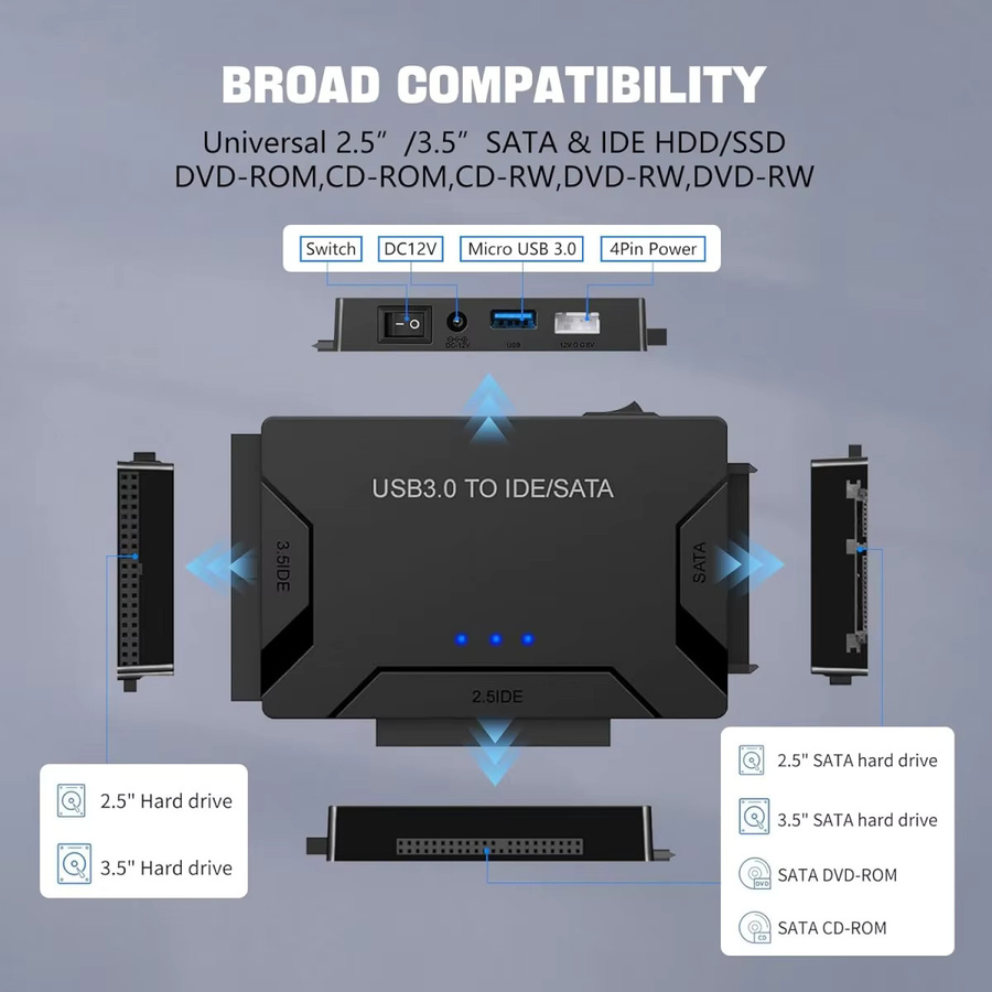 Congdi USB 3.0 SATA-Adapter für 2,5 und 3,5 Zoll SSD und HDD in Schwarz - Bild 3