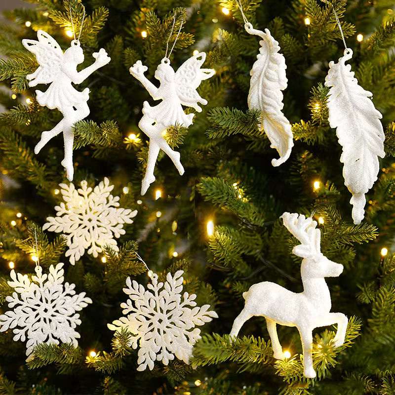 joy-enlife Weihnachtsbaum Hängeornamente in Weiß aus Kunststoff mit Schneeflocken, Engeln und Tieren im skandinavischen Design - Bild 2