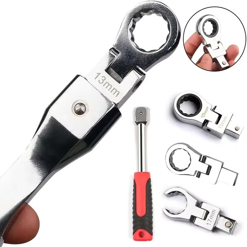 9-teiliges Skeyo Ratschenschlüssel-Set in Silber mit austauschbaren Einsätzen und 180 Grad rotierendem Zahnradschlüssel für Heimwerker - Bild 4