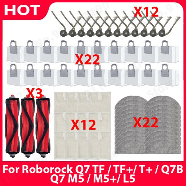Roborock Zubehör-Set für Q7, TF, TF+, T+, Q7B, M5, M5+ und L5 mit Hauptbürste, Seitenbürsten, HEPA-Filter, Wischtüchern und Staubbeuteln, Multicolor - Bild 1