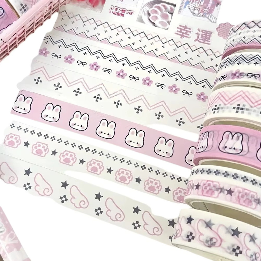 6-teiliges Washi-Tape Set im koreanischen Ins-Stil mit niedlichem Hasen-Motiv in Pink für Tagebuch, Planer und DIY-Bastelarbeiten - Bild 1