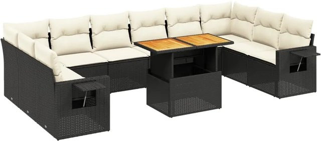 vidaXL 11-teilige Garten-Sofagarnitur in L-Form aus Polyrattan und Akazienholz mit Kissen in Schwarz-Creme - Bild 1