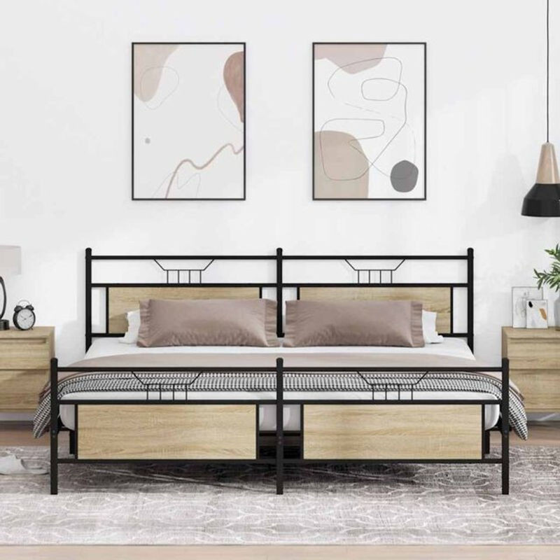 Metallbett Vidaxl im Industrial Design aus Metall und Holzwerkstoff in Sonoma-Eiche, B/T: 200 x 200 cm - Bild 1