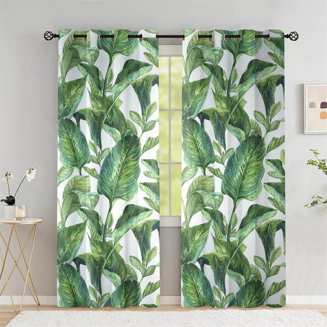 A Family Of Home Textiles Sommer-Vorhänge mit tropischem Palmblatt- und Bananenblatt-Design, semi-transparent, grün, B: 135 cm, H: 185 cm - Bild 1