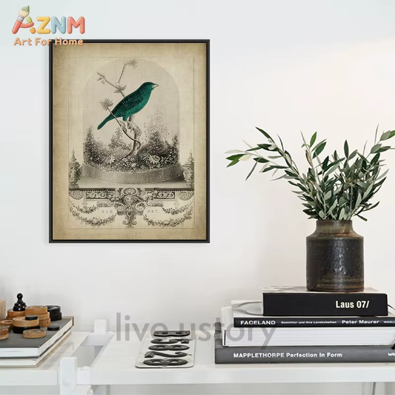 AZNM Vintage Wandkunst Leinwand mit grüner Vogel-Botanik-Illustration im Retro-Antik-Gravurstil - Bild 2