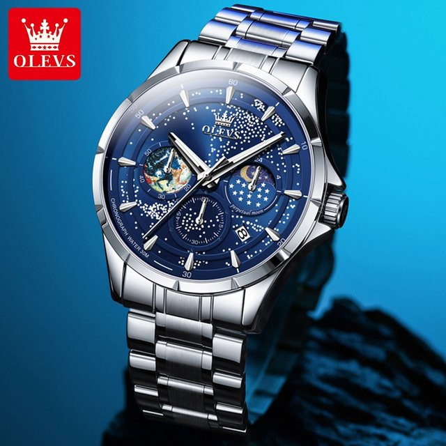 Olevs Armbanduhr Quarz, Mondphase, Edelstahl, Blau, Herren - Bild 1