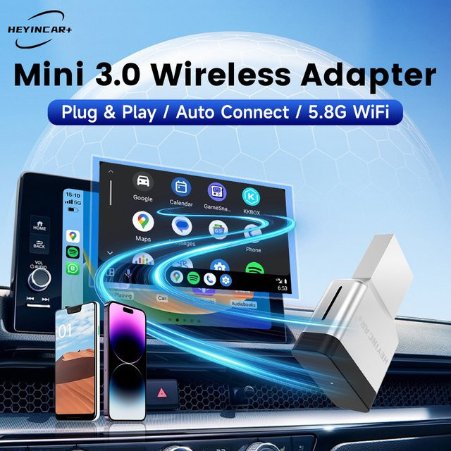 HEYINCAR Mini 2-in-1 Kabelloser CarPlay und Android Auto Adapter mit USB und USB-C Anschluss für Benz, Audi und Toyota - Bild 1