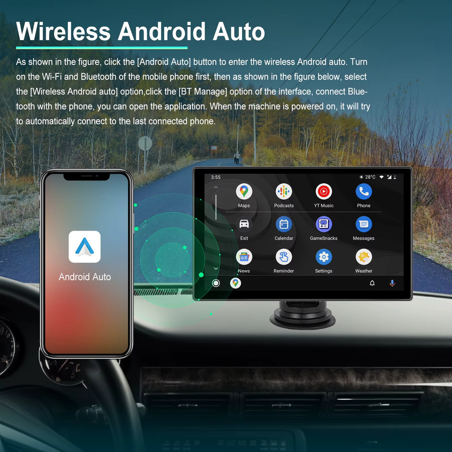 Podofo 9 Zoll Smart Car Stereo Monitor mit Carplay, Android Auto, Bluetooth und Mirror Link in Schwarz - Bild 3