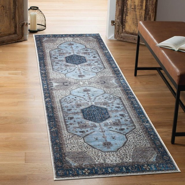 Vintage Läuferteppich mit floralem Muster und geometrischem Design, rutschfest und waschbar, B/T: 40 x 120 cm - Bild 1