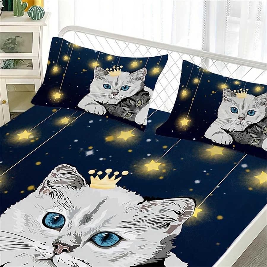 3-teiliges Spannbettlaken-Set mit Katzen-Print und Sternenhimmel-Design, weich und atmungsaktiv, B/T/H: 90 x 190 x 25 cm - Bild 1