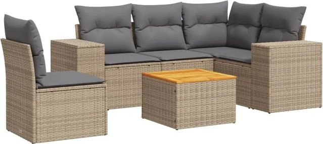 vidaXL 6-teilige Garten-Sofagarnitur in L-Form mit Kissen und Couchtisch, Beige, Poly Rattan und Metallgestell - Bild 1