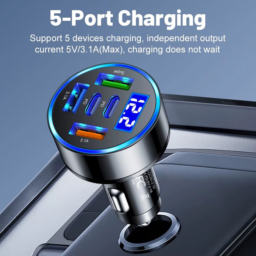 GUSEYEE 100W Autoladegerät mit 5 Ports, Schnellladung PD QC3.0 USB C Typ C Adapter für iPhone Samsung Huawei Xiaomi, Schwarz - Bild 3