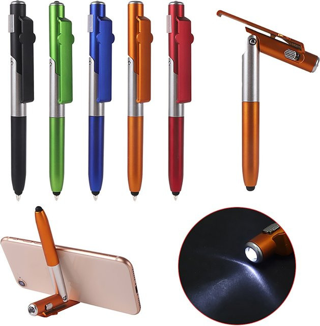 4-in-1 Multifunktionsstift mit LED-Licht und faltbarem Telefonständer, schwarzer Kugelschreiber aus Kunststoff für Büro und Schule - Bild 1