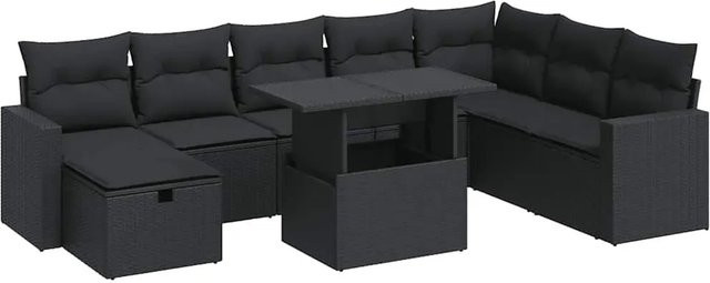 vidaXL 9-tlg. Garten-Sofagarnitur in L-Form aus schwarzem Poly-Rattan mit Kissen und pulverbeschichtetem Stahlgestell - Bild 1
