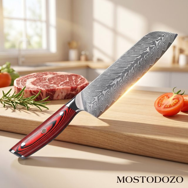 MOSTODOZO 7-Zoll Japanisches Santoku-Messer aus 67-lagigem Damaszener Stahl für professionelle Küchenarbeit - Bild 1