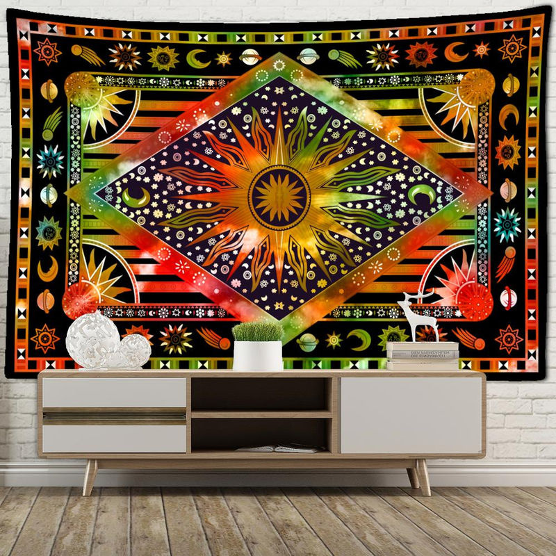 Wandbehang Binchi Outdoor Equipment Tarot Sonne im Bohemian Stil, abstraktes Design in Grün und Orange, Textil-Wanddekoration, B: 95 cm, H: 70 cm - Bild 5
