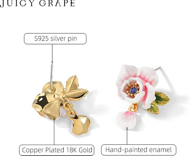 Juicy Grape Rosenquasten-Ohrringe, 18 Karat vergoldet, rosa Emaille, Clip-Ons - Bild 1
