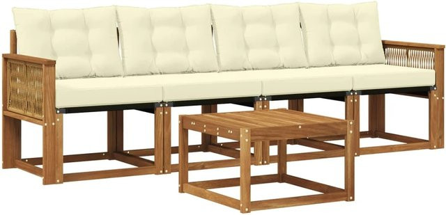 vidaXL Outdoor-Sofagarnitur aus Akazienholz mit Textilene und Kissen in Natur und Creme - Bild 1