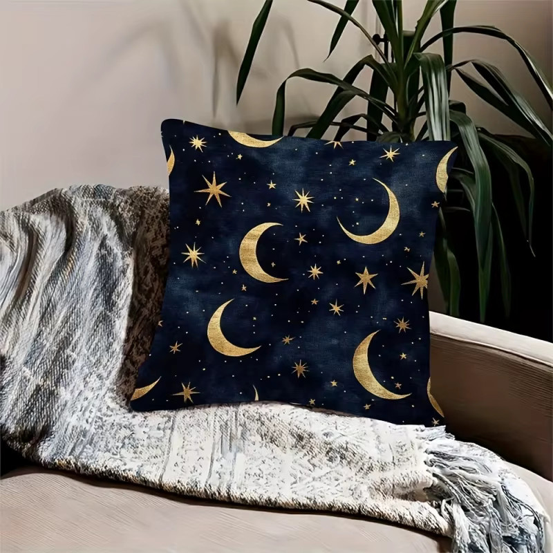 VIKAMA Dekokissen mit goldenem Halbmond- und Stern-Design in Blau und Gold, quadratisch, 45 x 45 cm - Bild 2