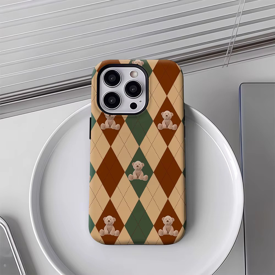 Handyhülle mit Argyle-Muster und Teddybären für iPhone 17 16 15 14 13 12 Pro Max Plus, doppelschichtige Rückseite, Multicolour - Bild 4