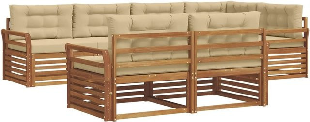 vidaXL Outdoor-Sofagarnitur 7-tlg. in L-Form aus Akazienholz mit Kissen, Natur und Beige - Bild 1