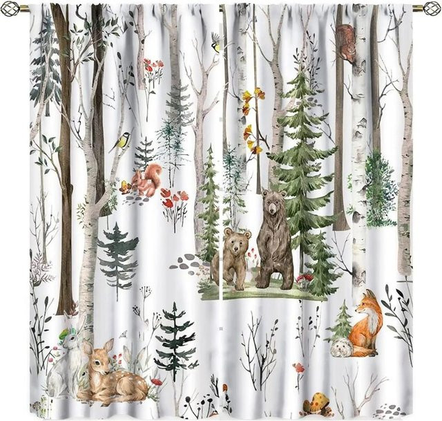 Land Wald Vorhang mit Wildtier-Print Bär Hirsch Fuchs Wolf, 2er-Set halbverdunkelnde Vorhänge für Schlafzimmer und Wohnzimmer, Breite: 100 cm, Höhe: 160 cm - Bild 1