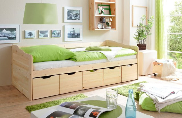 TiCAA Sofabett Maria aus Kiefer Massivholz in Braun mit Schlaffunktion und Auszugsschublade, B/T/H: 96 x 205 x 38 cm - Bild 1