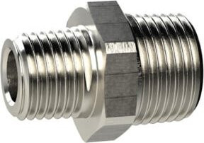 Riegler Doppelgewindenippel konisch aus Messing vernickelt in Silber, R 1/8 a. und R 1/4 a., SW 14 - Bild 1