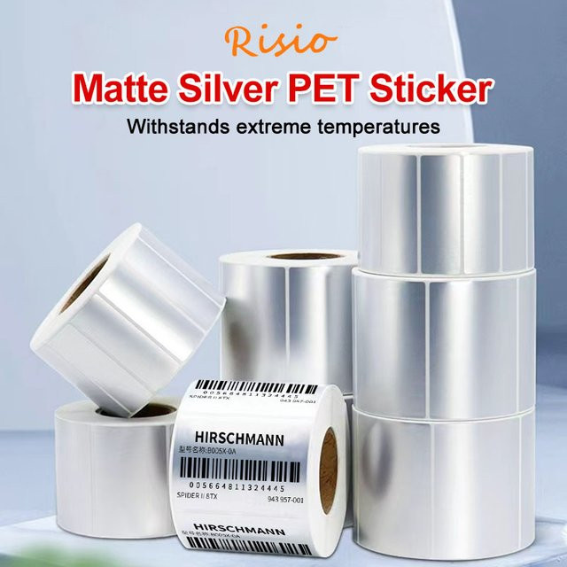 Risio Thermisches Aufkleberpapier auf Rolle, Mattes Silbernes PET Etikettenpapier, Wasserfeste Selbstklebende Metallische Barcode-Etiketten für M110 - Bild 1