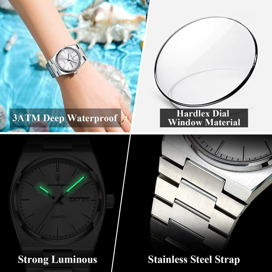 POEDAGAR Armbanduhr Edelstahl, Quarz, Silber, Damen, Datum, Wochentag - Bild 4