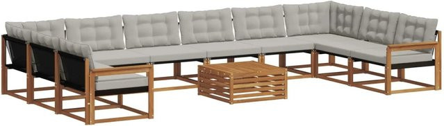 vidaXL Outdoor-Sofagarnitur aus Akazienholz in U-Form mit 11-teiligem Set, Textilene und Kissen in Hellgrau und Natur - Bild 1