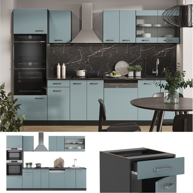 Vicco Küchenzeile R-Line Solid modern in Anthrazit, Blau und Grau mit Breite: 300 cm - Bild 1