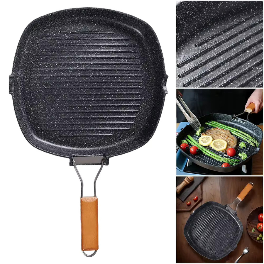 Faltbare tragbare Outdoor-Grillpfanne in Schwarz mit verbrühungssicherem Holzgriff und Keramikbeschichtung für Picknick und Camping - Bild 1