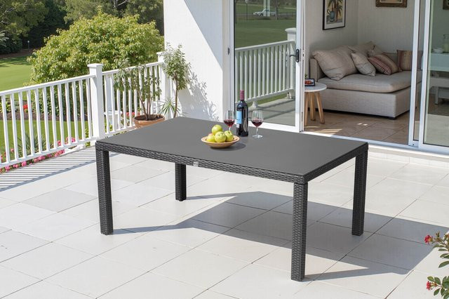 OUTFLEXX Rocking Comfort Dining Tisch aus Polyrattan mit Glasplatte in Steinoptik, grau/braun-meliert, B: 180 cm, T: 110 cm, H: 75 cm - Bild 1