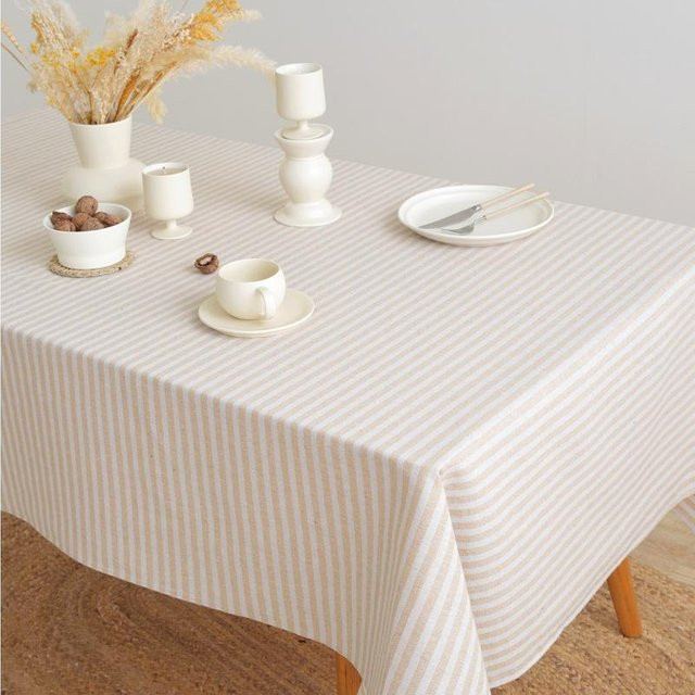 Minimalistische gestreifte Tischdecke von Super Six aus Baumwolle und Leinen in Beige, B/B: 90 x 90 cm - Bild 1