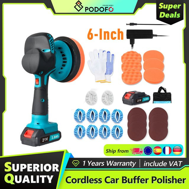 Podofo Elektrischer Kabelloser Auto-Polierer 6 Zoll Mini-Polierer-Set mit 6 variablen Geschwindigkeiten und 5500 U/min sowie 2 wiederaufladbaren Batterien für Auto- und Boots-Detailing - Bild 1